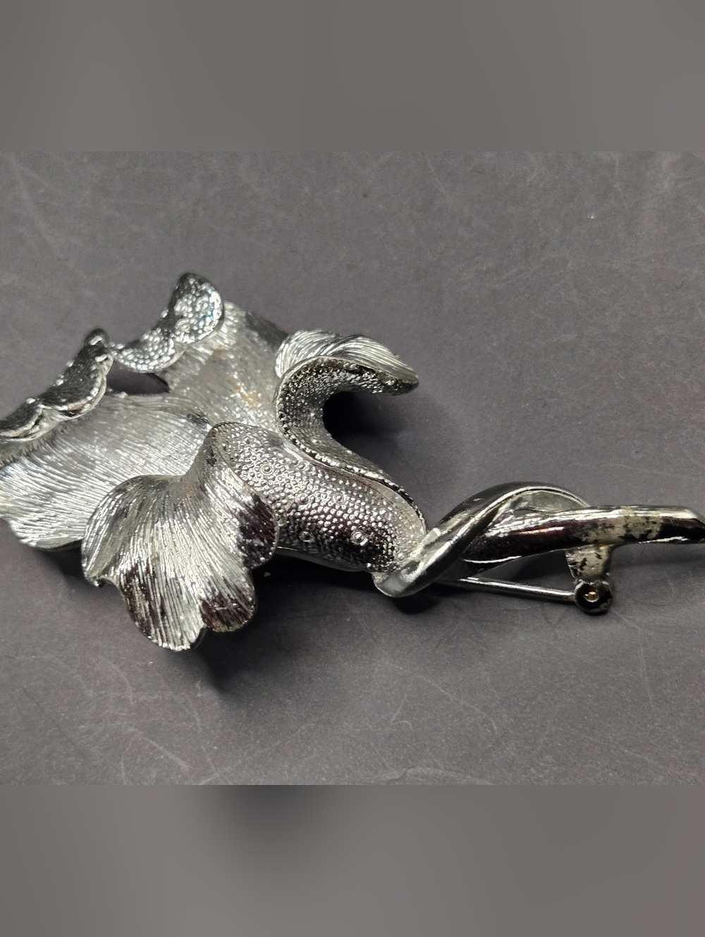 Vintage Silver Tone Flower Brooch Sculptural Calla Lily Statement Pin